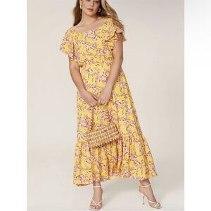 Sachin & Babi Yellow Flutter Sleeve Floral Print Maxi Dress Size 8
